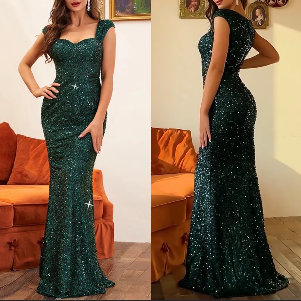 Luxurious green zip back mermaid hem sequins formal party evening prom dress